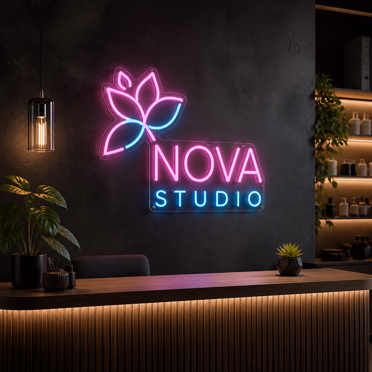Professional LED logo sign glowing in a business interior